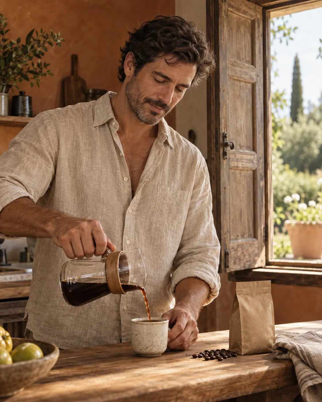 Hombre preparando café de filtro en una cocina de materiales naturales