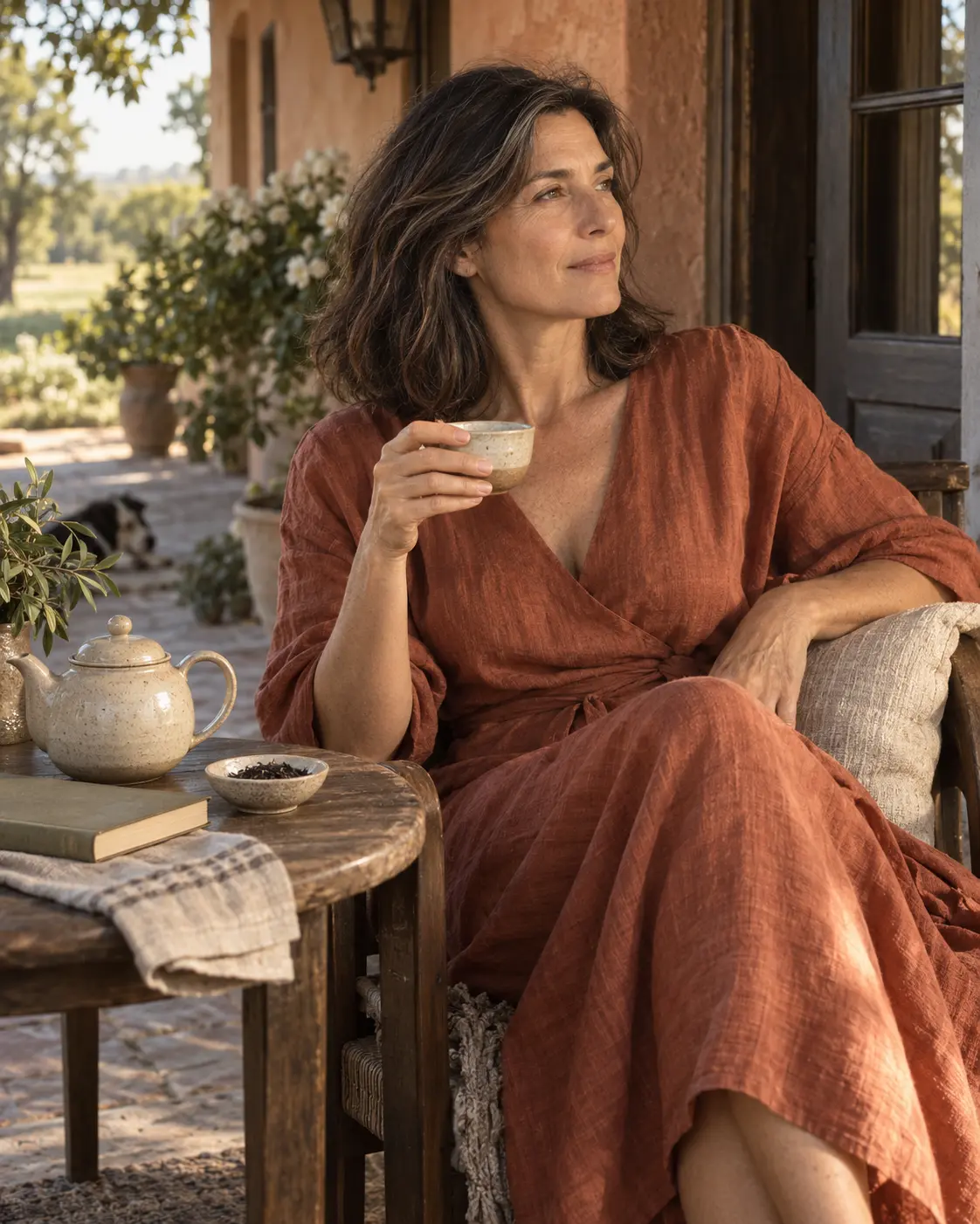Mujer disfrutando una taza de té en una galería rodeada de naturaleza